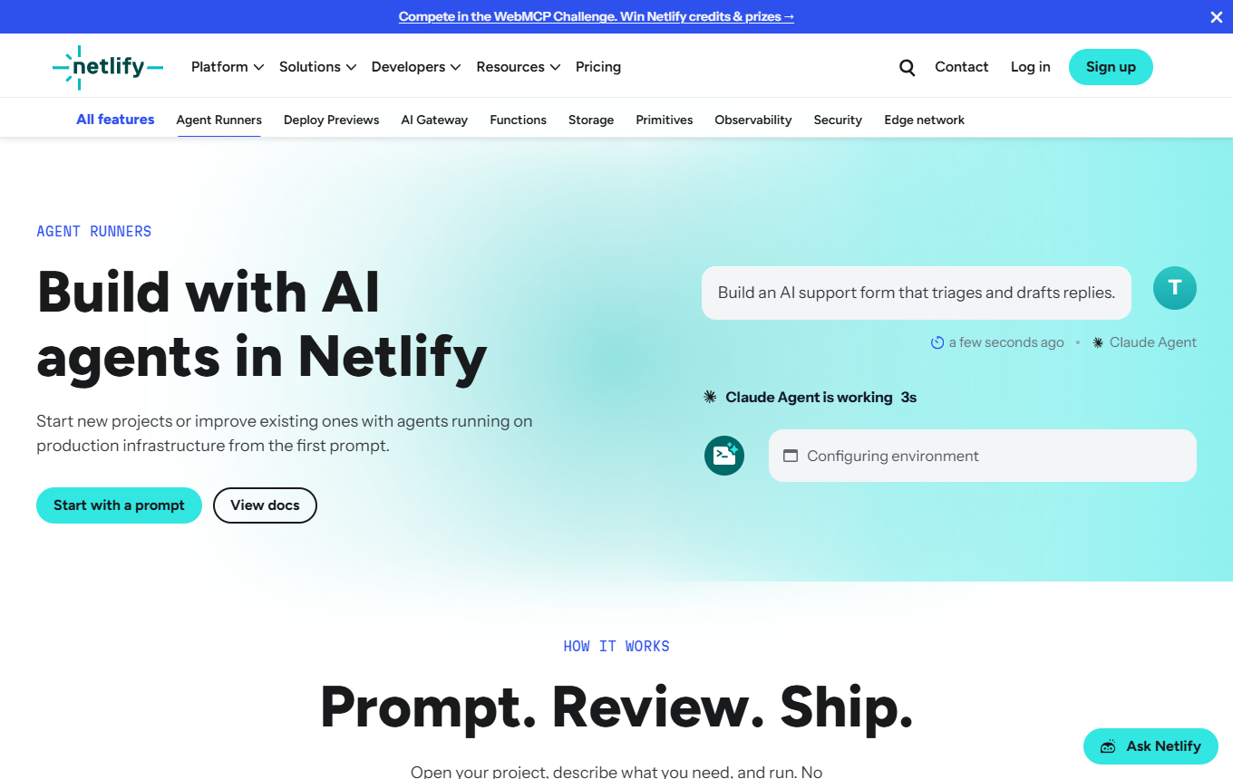 Netlify Agent Runners captura del producto